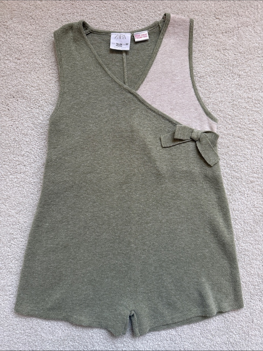Zara Olive Green Knit Wrap-Style Romper with Cream Contrast and Bow